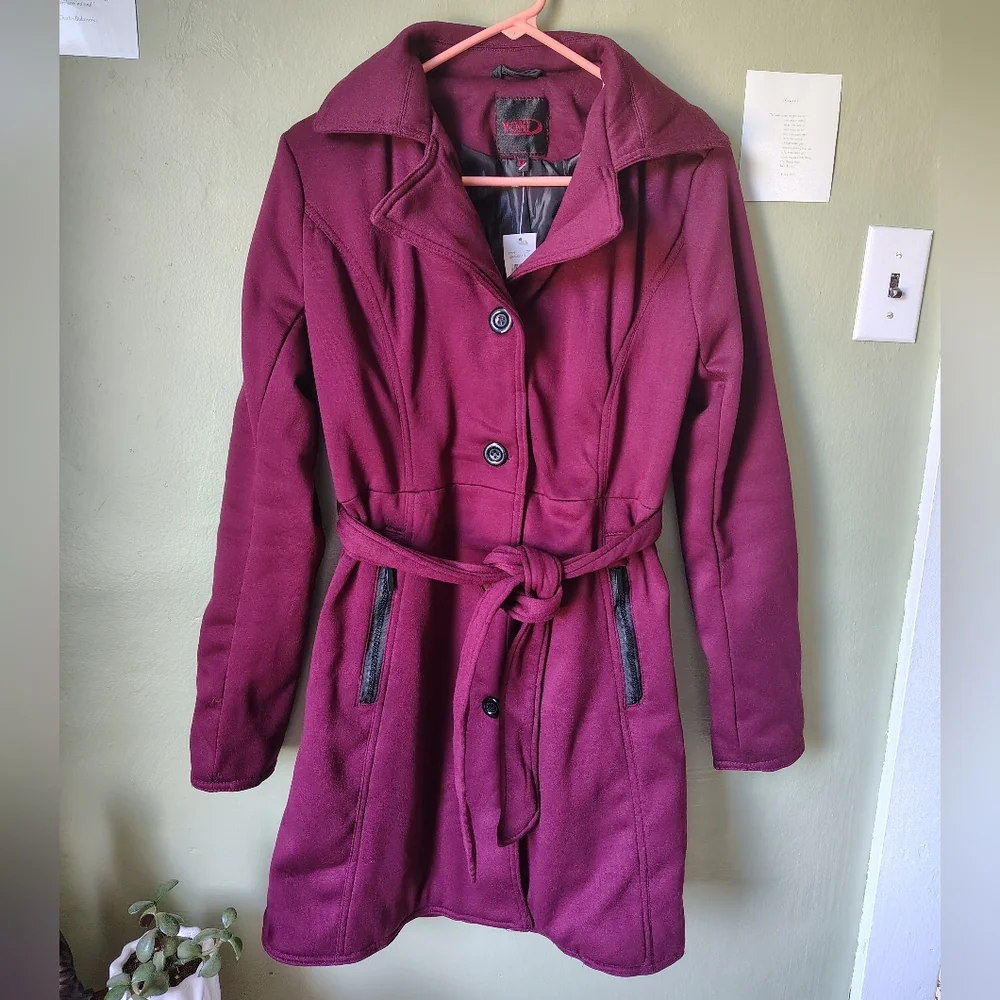 *NWT* Yoki Women's Medium Burgundy Button-up Coat With Tie At Waist - Picture 7 of 13
